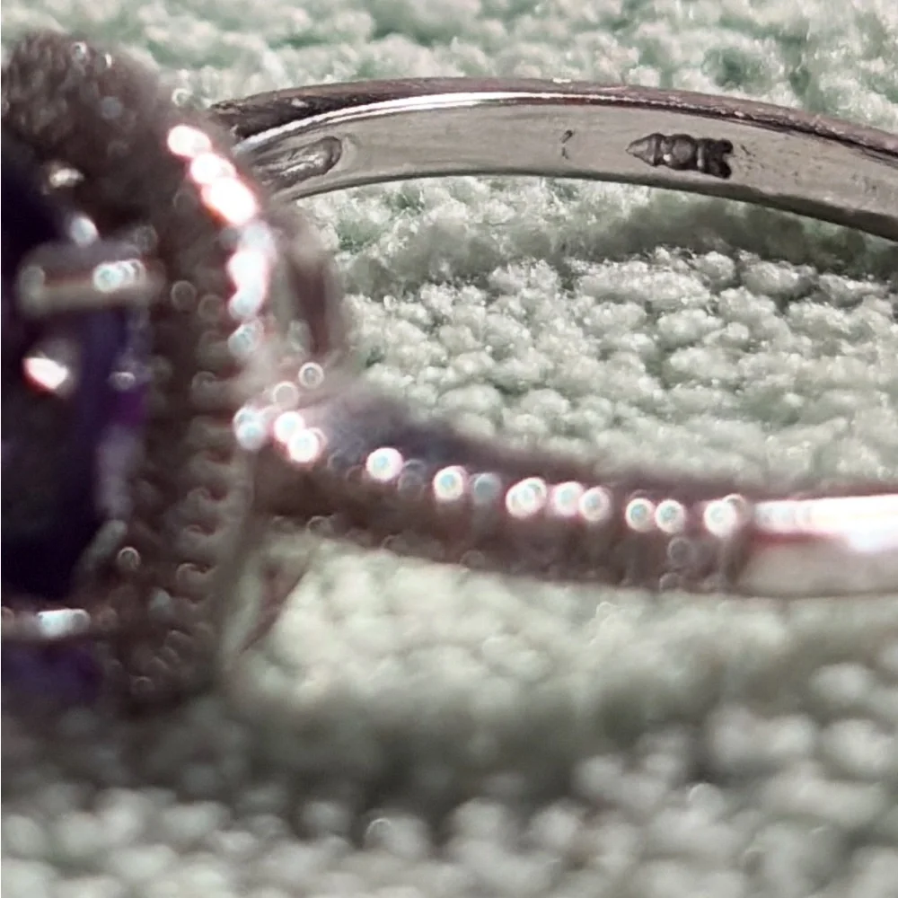 10kt White Gold Cushion Cut Genuine Amethyst and Diamond Halo Ring Size 6 - Picture 12 of 13